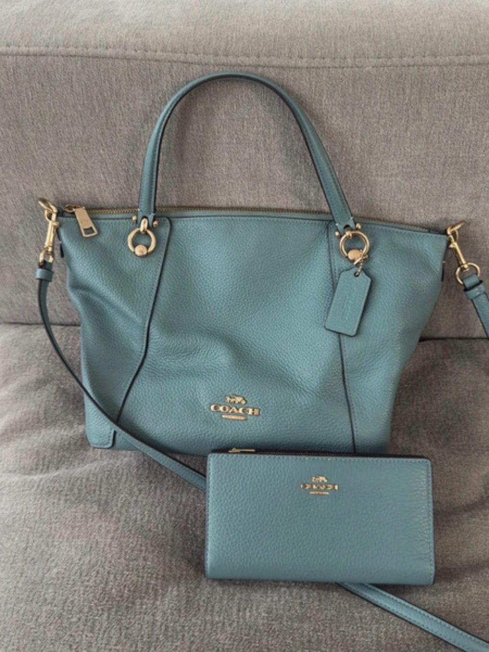 COACH Blue-Green Pebbled Leather Tote with Coach Wallet